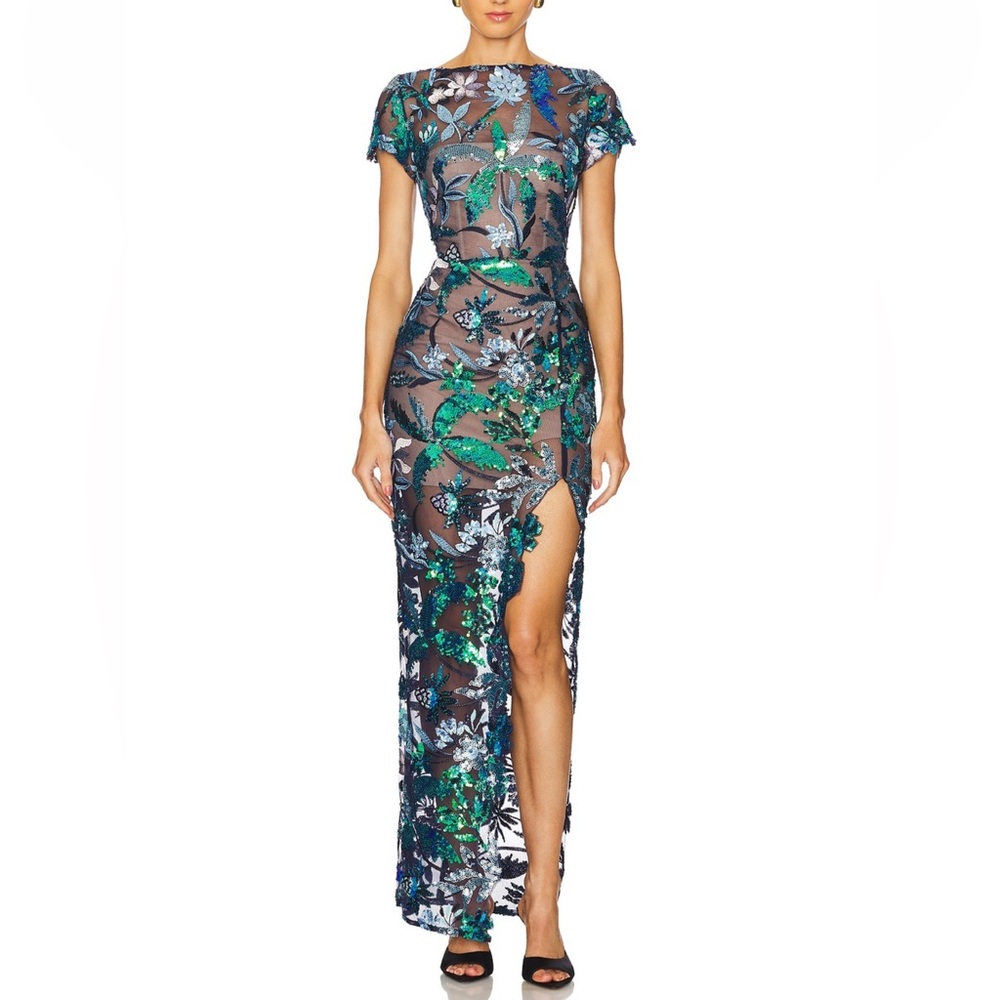 Bronx and Banco Blue and Green Zinna Embroidered Maxi Dress Gown